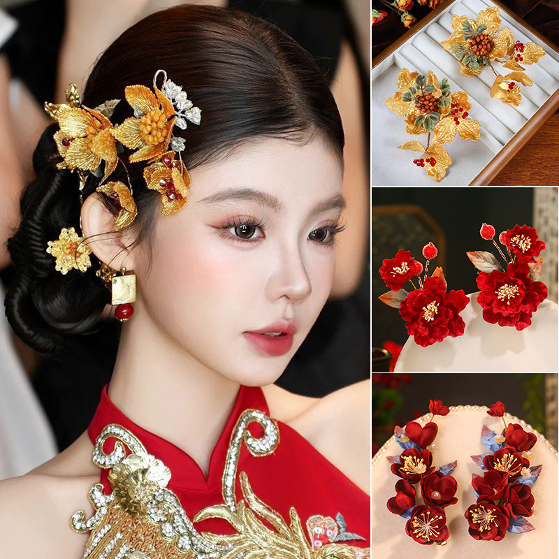 Chinese-Style Golden Flower Side Hair Accessories, Hanfu and Cheongsam Matching Headwear, Bridal Xiuhe Dragon and Phoenix Hair Accessories Wholesale Chinese-Style Golden Flower Side Hair Accessories, Hanfu and Cheongsam Matching Headwear, Bridal Xiuhe Dragon and Phoenix Hair Accessories Wholesale
