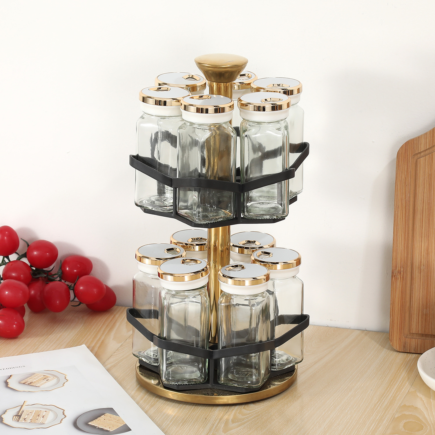 Botella de condimento de cocina al por mayor Tarro de condimento doméstico Caja de condimento Tarro de condimento de vidrio Juego de combinación de estante de almacenamiento giratorio