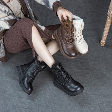 First-Layer Cowhide Thick-Soled 2025 Winter New Mid-Calf Fleece-Lined Warm Retro Style Pure Color Snow Boots for Women First-Layer Cowhide Thick-Soled 2025 Winter New Mid-Calf Fleece-Lined Warm Retro Style Pure Color Snow Boots for Women