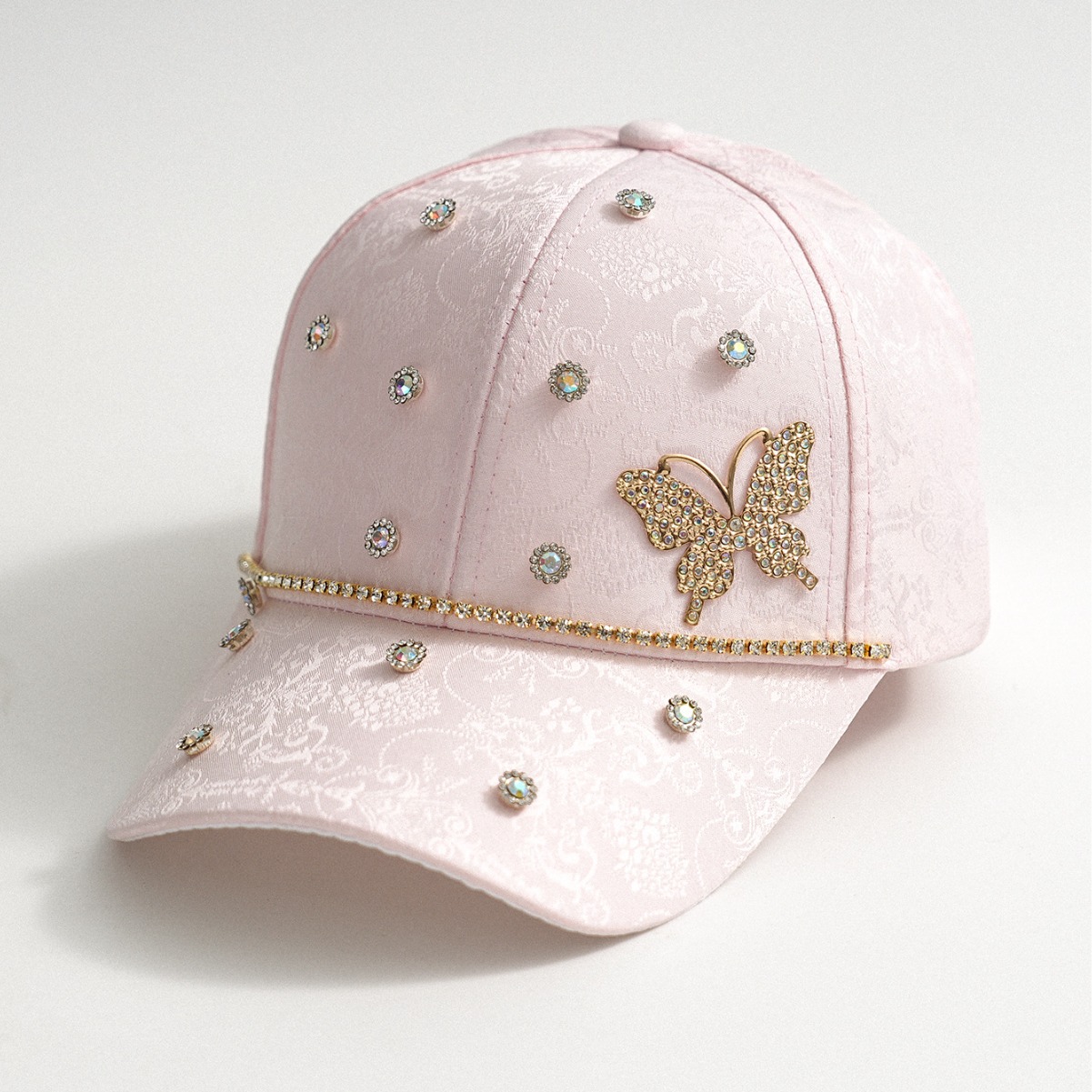 Hombres y mujeres pareja sombrero de béisbol hecho a mano con diamantes lindos mariposa flash flor accesorios de gemas de moda callejera citas