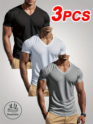 Amazon's popular men's V-neck quick-drying casual T-shirt breathable, absorbent, sweat-wicking, high-elastic, sports fashion V-neck short sleeves