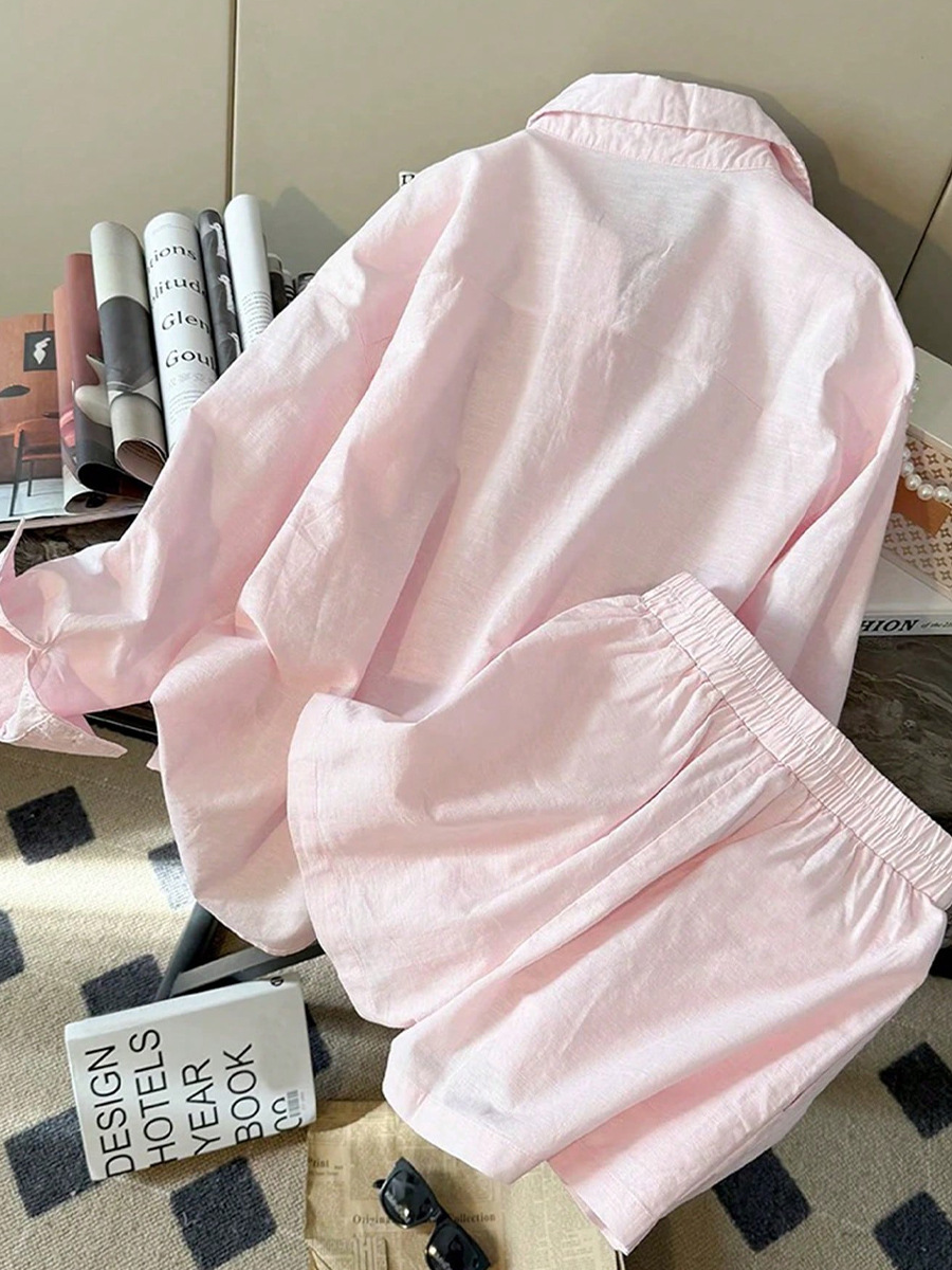 GraceChic Herbst 2025 Neue grenzüberschreitende Außenhandels-Langarmhemd-Shorts-Cardigan-Zweiteiler im europäischen und amerikanischen Stil_voghion.com