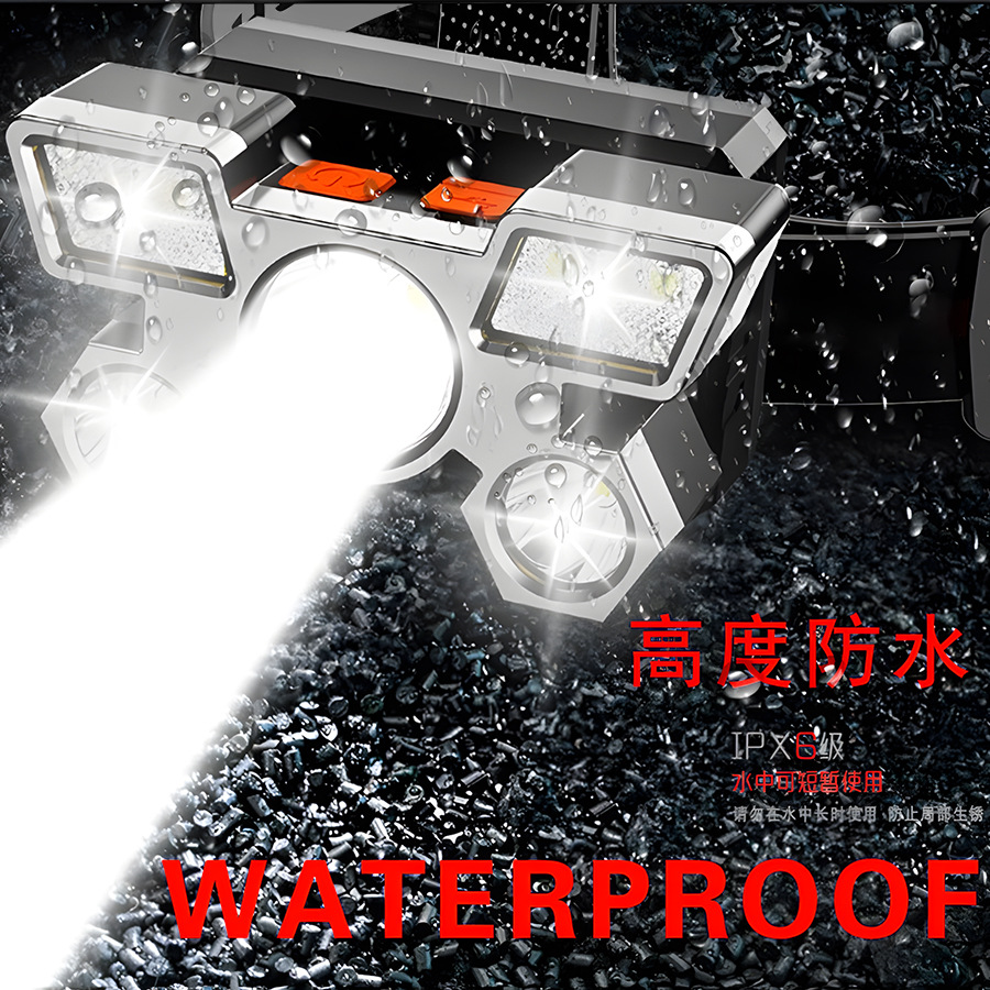 Transfronterizos nuevos fuertes cabezales ligeros led cinco cabezas de avión lámpara USB recargable cabeza pequeña linterna al aire libre lámpara de minería