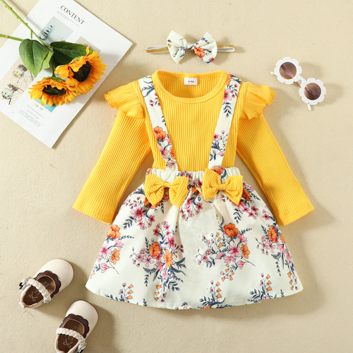 Foreign trade cross-border infants and toddlers pure color triangular haricot long-sleeved onesie with print belt dress headscarf set dress