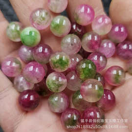西瓜红碧玺色石英岩玉圆珠玉石散珠红绿宝手链项链饰品配件珠子