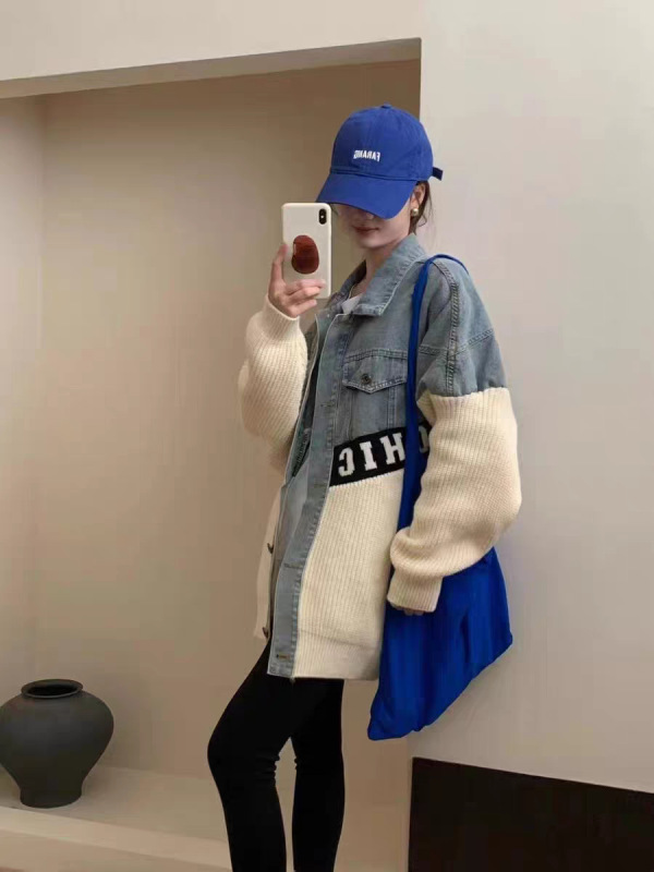 欧洲站宽松大版牛仔拼接针织开衫秋冬新款时尚休闲百搭毛衣外套女|undefined