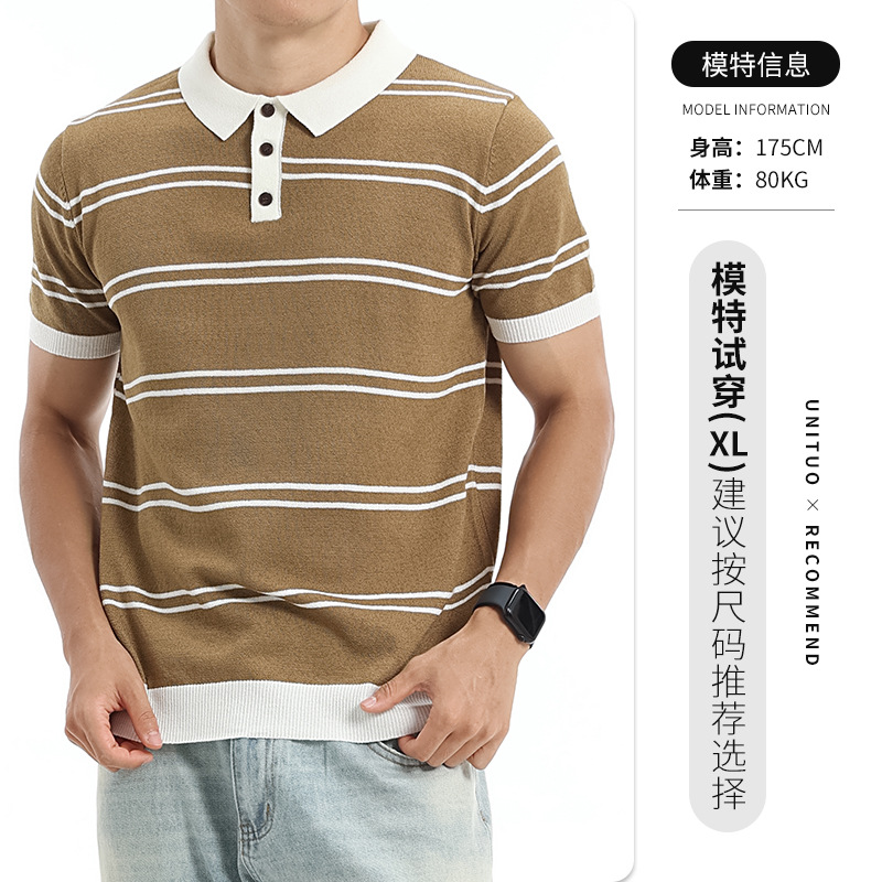 Verano para hombres con collar de contraste a rayas de hielo polo transpirable mangas cortas de negocios casual alta sensación de ropa de hombre image 11
