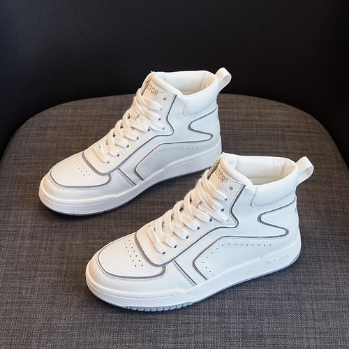 Leather-covered genuine leather white shoes for women for four seasons  new versatile Korean style breathable flat-soled casual high-top sports sneakers