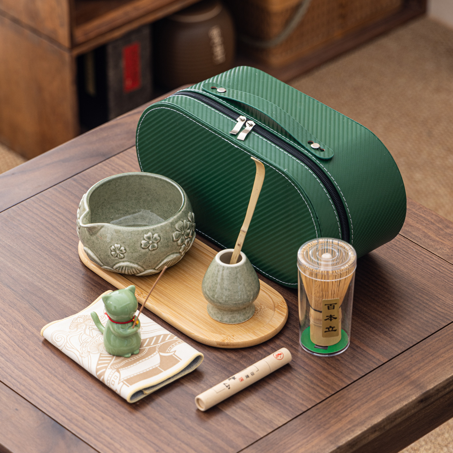 Cuenco de matcha corrugado caja de cuero set adorable gatito Xiangdao ocho piezas set punto té 100 tazas de té