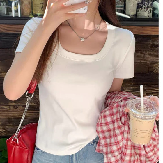 Yellow Shoulder Short-sleeved T-shirt Women's Summer 2025 New Slim-fit Slimming U-collar White Top