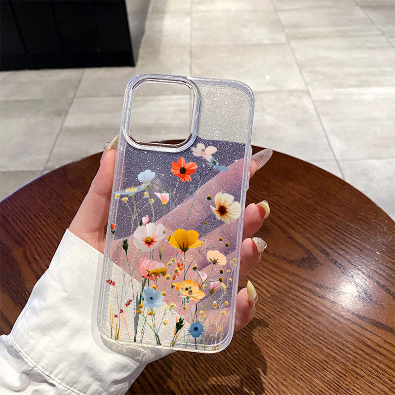 Cross-Border Exclusive Supply of Ultra-Shiny Dried Flower Phone Cases for Apple 17Pro, Suitable for Iphone16P, High Aesthetic Value for Girls