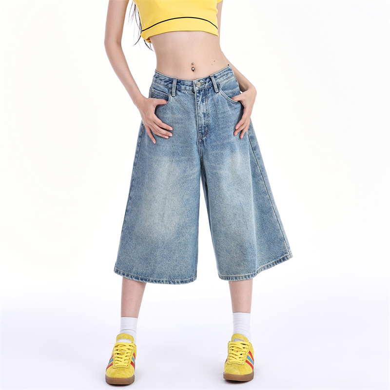 High Street Wide-Leg Three-Quarter Jeans for Women 2024 Summer New Style Blue High-Waisted Slim 7-Point Pants for Small People Trendy