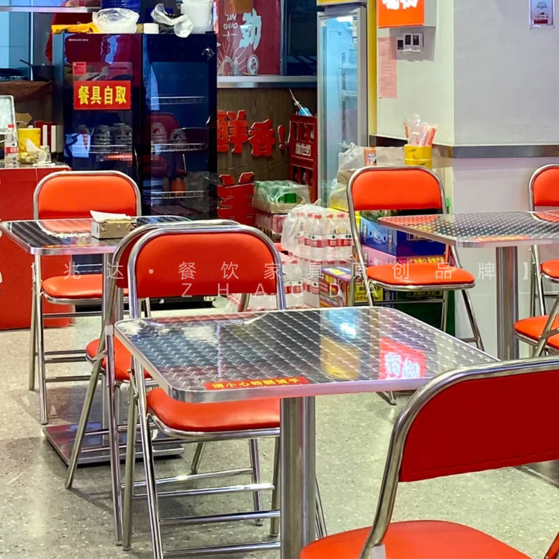 送料無料 モダンでシンプルな火鍋店のテーブルと椅子 香港風茶屋の食卓 丸テーブル 折りたたみ椅子 ステンレス製のテーブルと椅子|undefined
