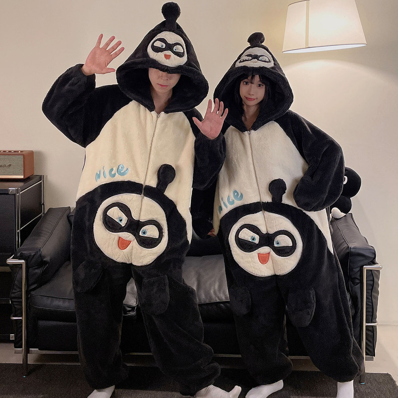 ワンピースのカップルのパジャマの女性の珊瑚の絨毯は厚いです。秋冬の男性のファスナーのフランネルの家の服は一体になります。|undefined