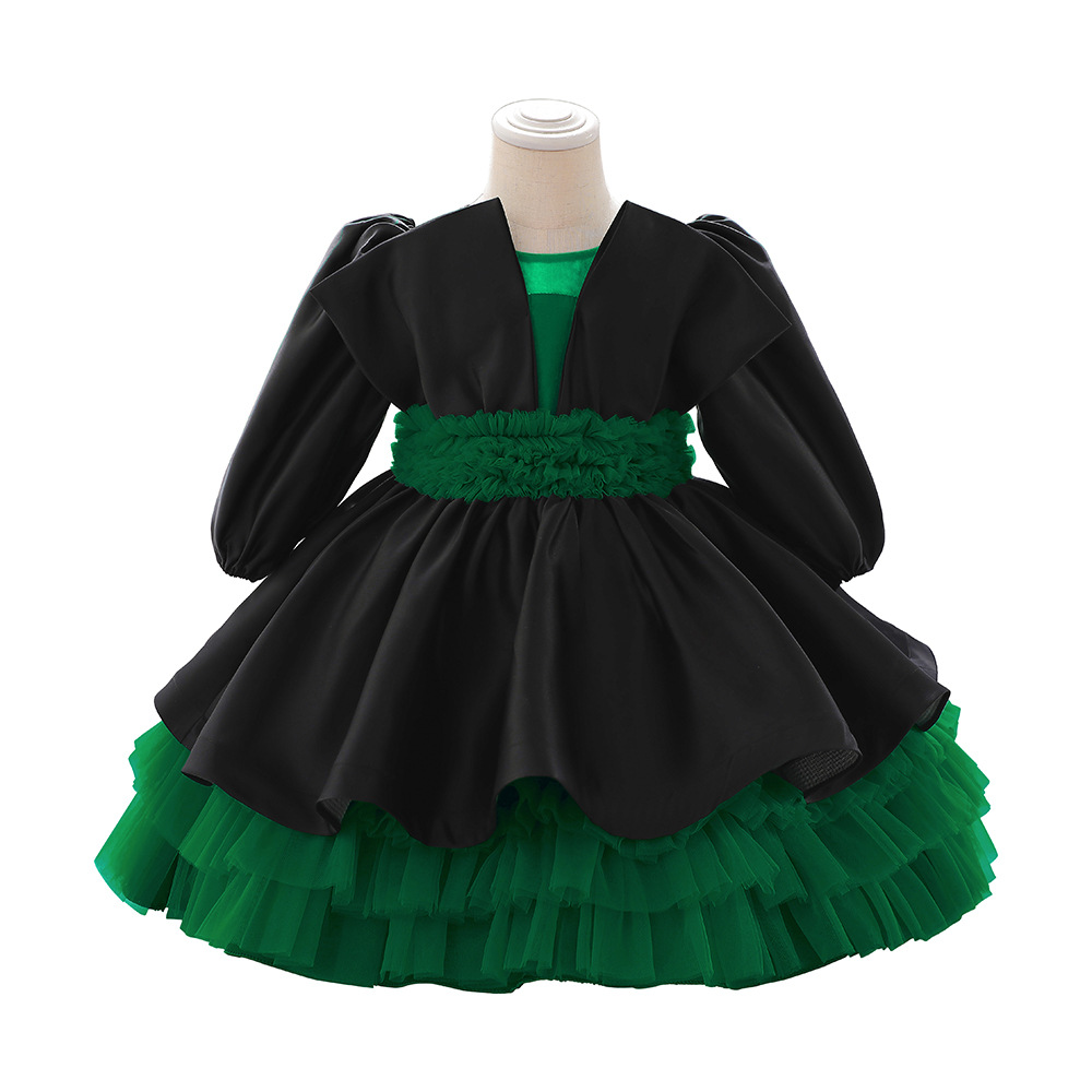 Comercio exterior nuevo vestido de los niños infantiles bebé años de edad vestido de banquete plisado malla manga larga mullido princesa vestido en stock