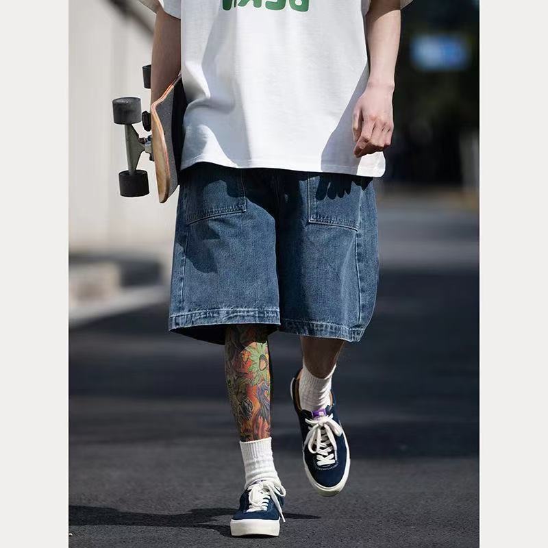 Summer Loose Straight Blue Washed Classic Pocket Denim Shorts Men's Hong Kong Style Retro Trendy Brand Knee-Length Shorts