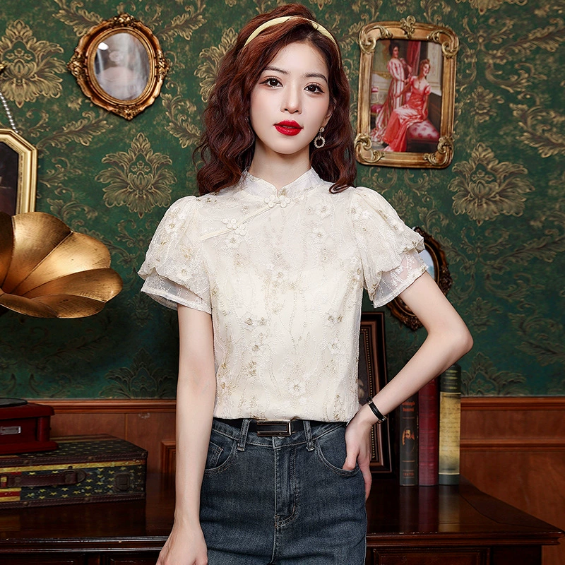 Фактический снимок новой летней модели 2025 года в китайском стиле с круглым вырезом и воротником-стойкой, кружевной рубашкой с пышными рукавами, женский дизайнерский нишевый топ
