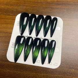 【原创】纯手工穿戴甲欧美风长尖绿色猫眼跨境专供工厂直发