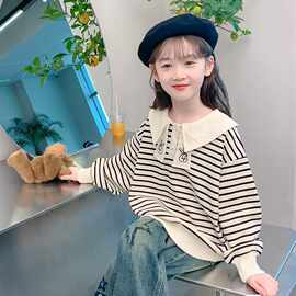 女童春秋季时髦休闲风条纹翻领卫衣2026新款甜美可爱卡通长袖上衣
