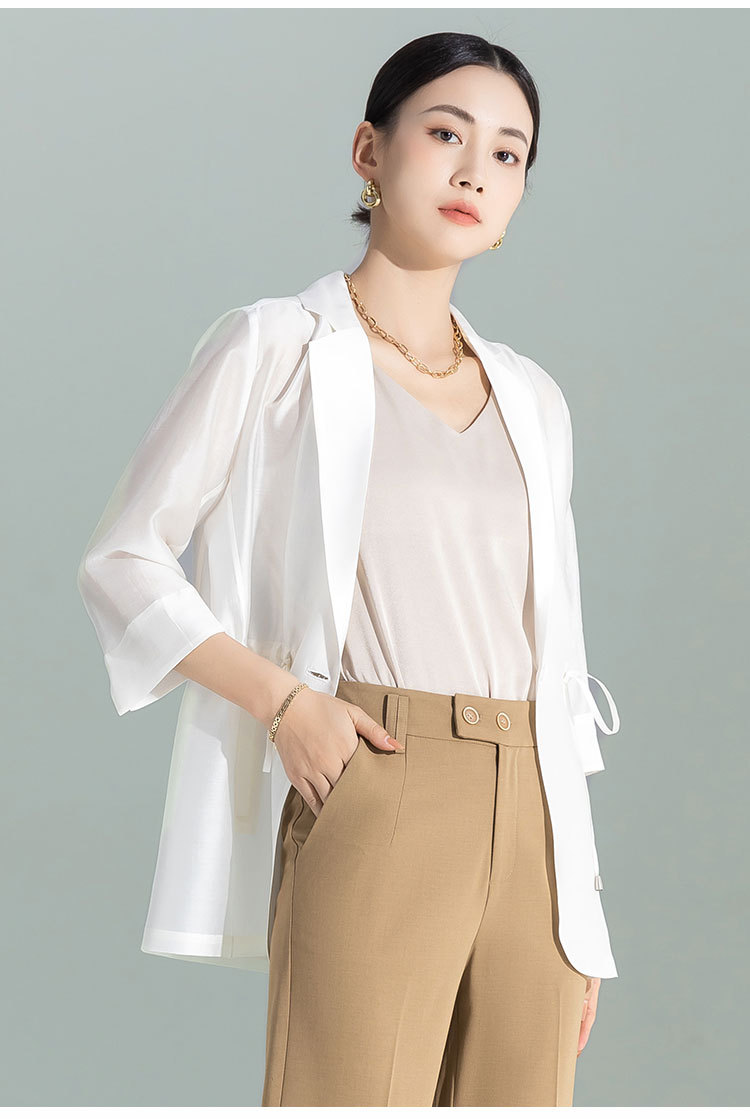 Áo khoác blazer nữ cổ lật dây rút chất liệu Leisel mỏng nhẹ mùa hè — Màu trắng chi tiết 12