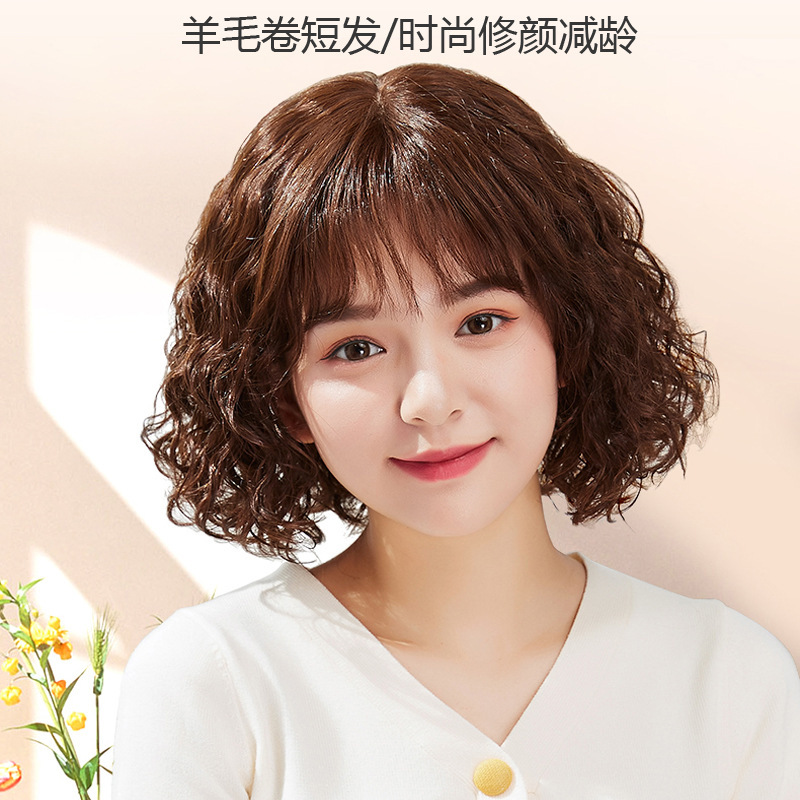 Wig Women's Short Hair Full Head Cover Women's Short Curly Hair Wool Roll Wig Head Cover Medium Long Wave Curly Hair Head Cover Real Hair Head Cover