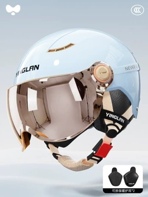 Yinglan Helmet Electric Vehicle Women's: Motosiklet kaskı (dəbilqə) - 3c-azure-blue-electroplated-short-mirror-detachable-ear-protection-one-size-fits-all