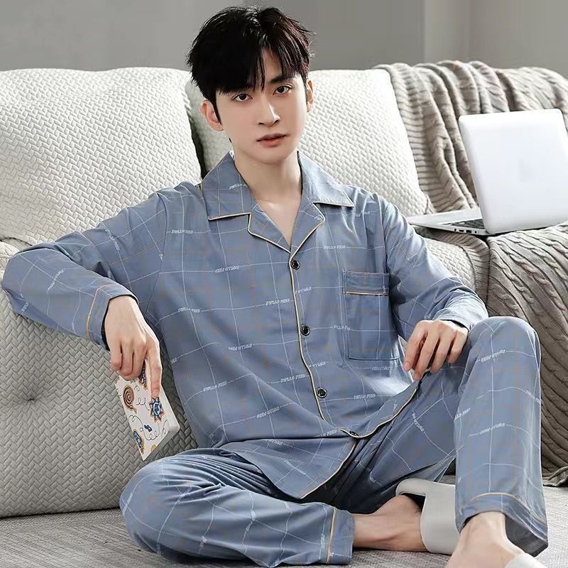 Spring and Autum Pajamas Men's Long-Sleeved Pants Cardigan Lapel Simple Casual Boys Can Wear Outside Home Clothes Suit Autum and Winter