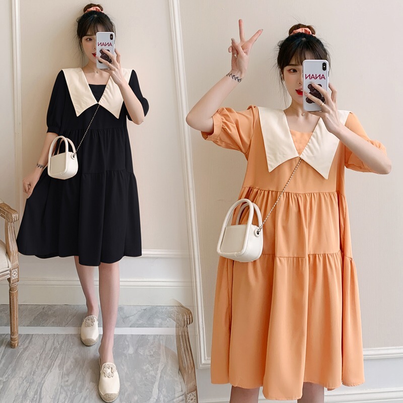 Special Clearance Maternity Wear Chiffon Dress Summer Korean Style Doll Collar Large Size Loose and Stylish Mid-Length Skirt