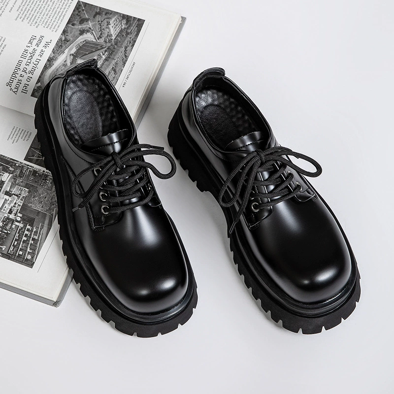 Новая обувь дерби мужские круглые головы и толстые подошвы черные пары кожаные туфли