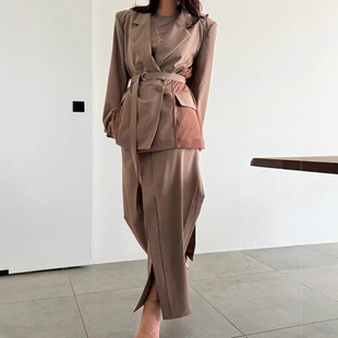 2025 Early Autumn New Korean Style Fashionable Splicing Mesh Suit + Asymmetrical Skirt Two-Piece Suit