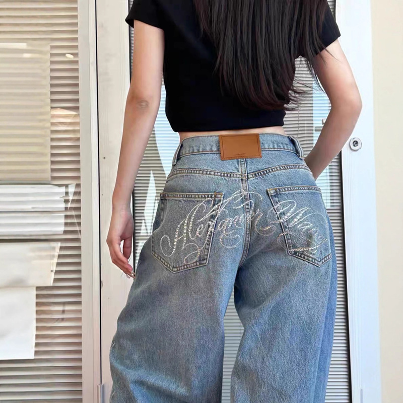 Alexander 2025 Spring New Style with Rhinestones on the Back, Fashionable Slimming Wide-Leg Straight Casual Jeans for Women