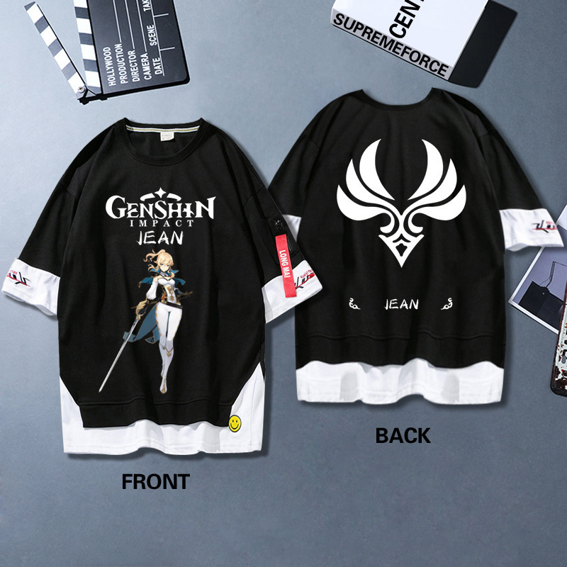 New Japanese Animation Surrounding GENSHIN Clothing Fake Two-piece Short-sleeved T-shirt Men's and Women's Clothes Walnut Kali