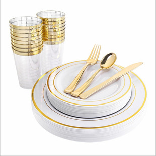 150 sets of foreign trade disposable tableware gold rim plate wine glass fruit PS hard plastic hollow plate knife fork spoon