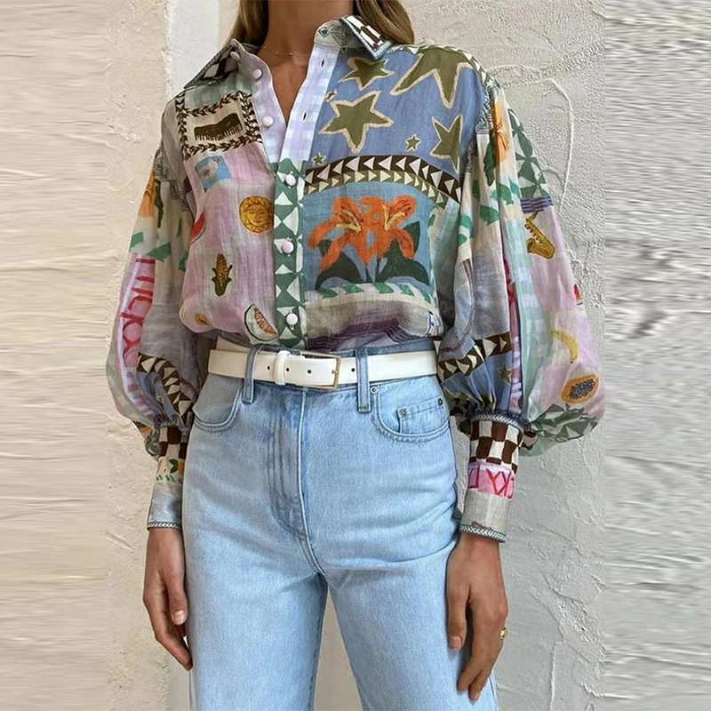 Single Breasted Placket Type Bishop Sleeve Sleeve Type Wholesale Women's Hawaiian Multicolor Long Sleeve Blouses