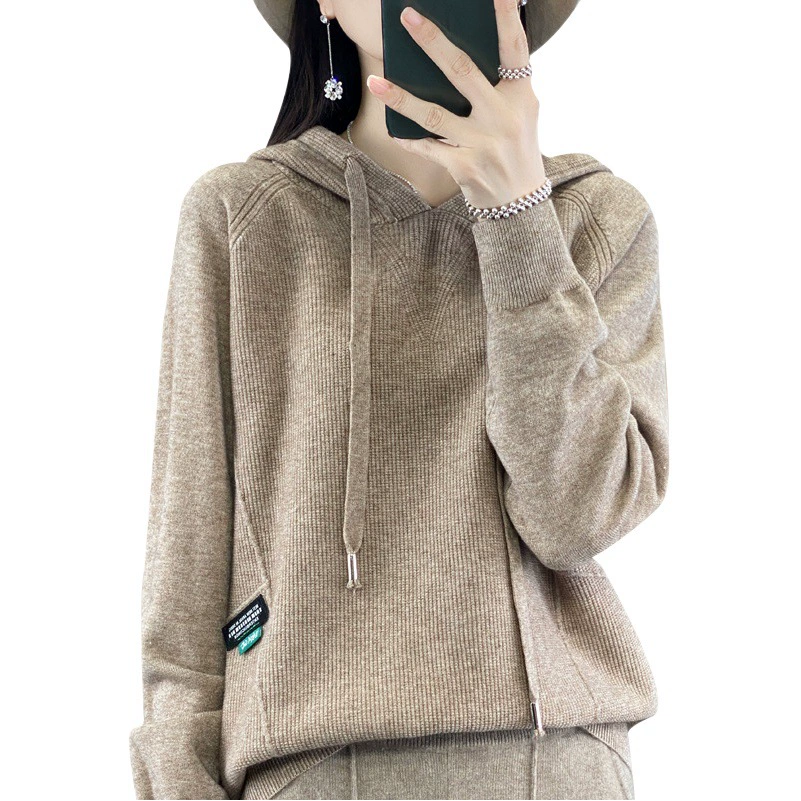 Осень/Зима 2023 Новый женский трикотаж с капюшоном и длинным рукавом в Корейском стиле, Женский пуловер, базовый однотонный трикотаж