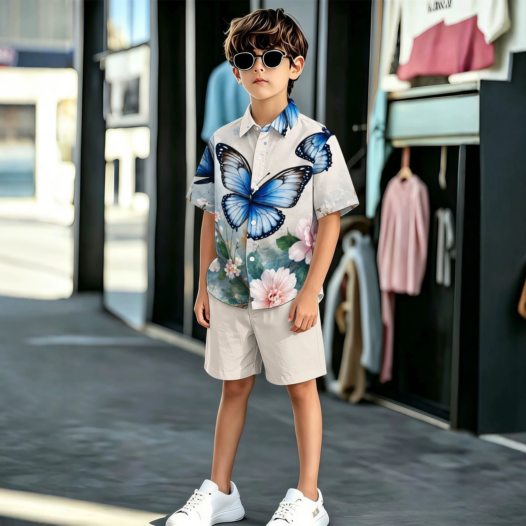 New Product: Stylish Cool Patterns, 3D Printing Technology, Boys' Collared Shirt And Shorts Set,_voghion.com