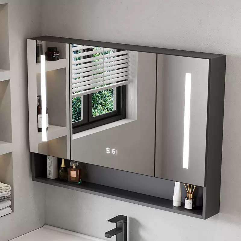 美妆智能浴室镜柜单柜加厚铝合金挂墙式智能带灯带收纳一体镜柜门