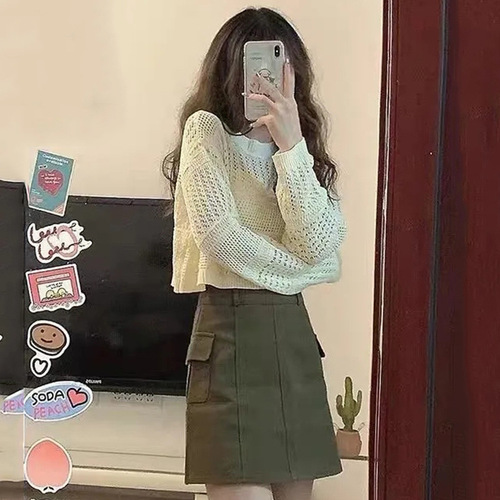 Knitted long-sleeve women's summer hollow-out versatile thin ice-silk relaxed-fit pullover with a stylish design—perfect for petite figures