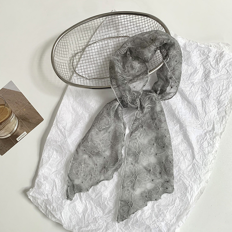 Pañuelo de seda de encaje, tira larga, sentido de alta gama, nueva primavera y verano, dulce cinta bordada, bufanda pequeña multiusos, cinta de bolsa atada