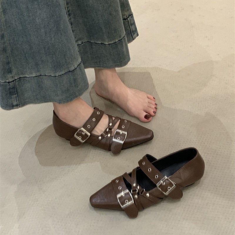 粗跟法式朋克芭蕾风黑色方头单鞋女2025春秋新铆钉皮带扣玛丽珍鞋|undefined