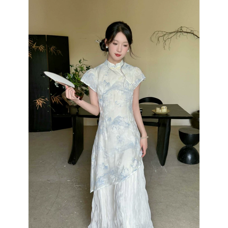 Новое улучшенное красивое платье Cheongsam в китайском стиле, женская новая летняя юбка в китайском стиле с чернильными пятнами