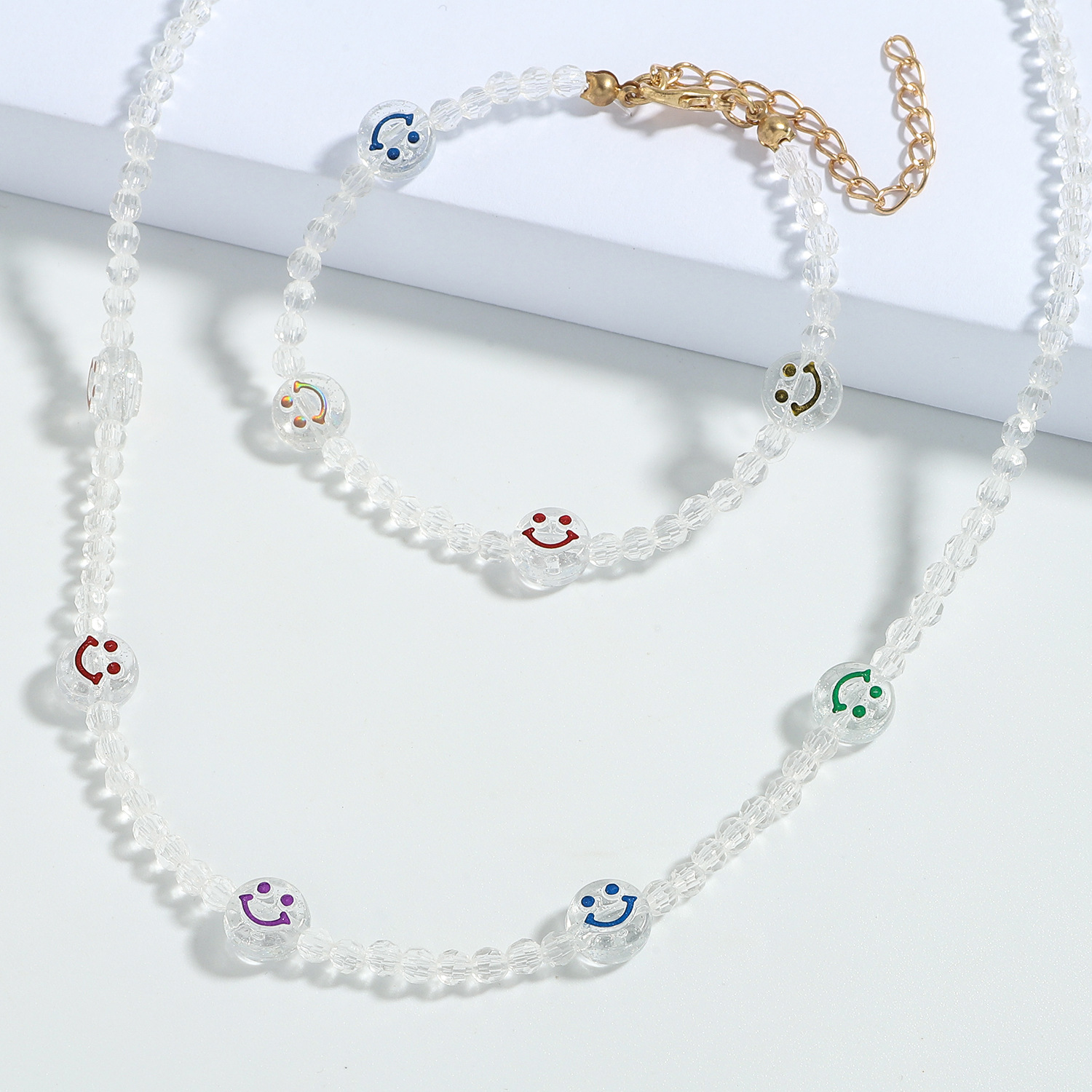 New Contrast Color Smiley Face Acrylic Round Bead Necklace Bracelet Set display picture 7