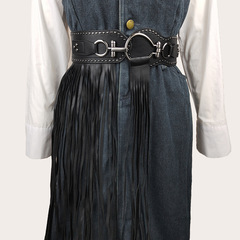 跨境朋克風超長流蘇裙擺女士腰封時尚鉚釘寬腰帶鬆緊黑色搭扣黑色