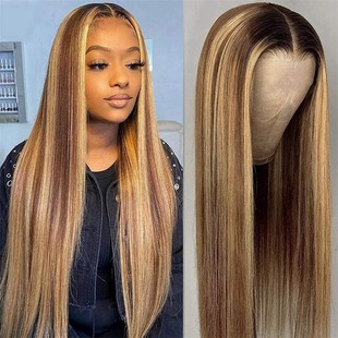 European and American Foreign Trade Wig Women's Highlight Dye Brown Golden Wigs Fashion Medium Gradual Color Long Straight Hair High Temperature Silk Full Head Cover
