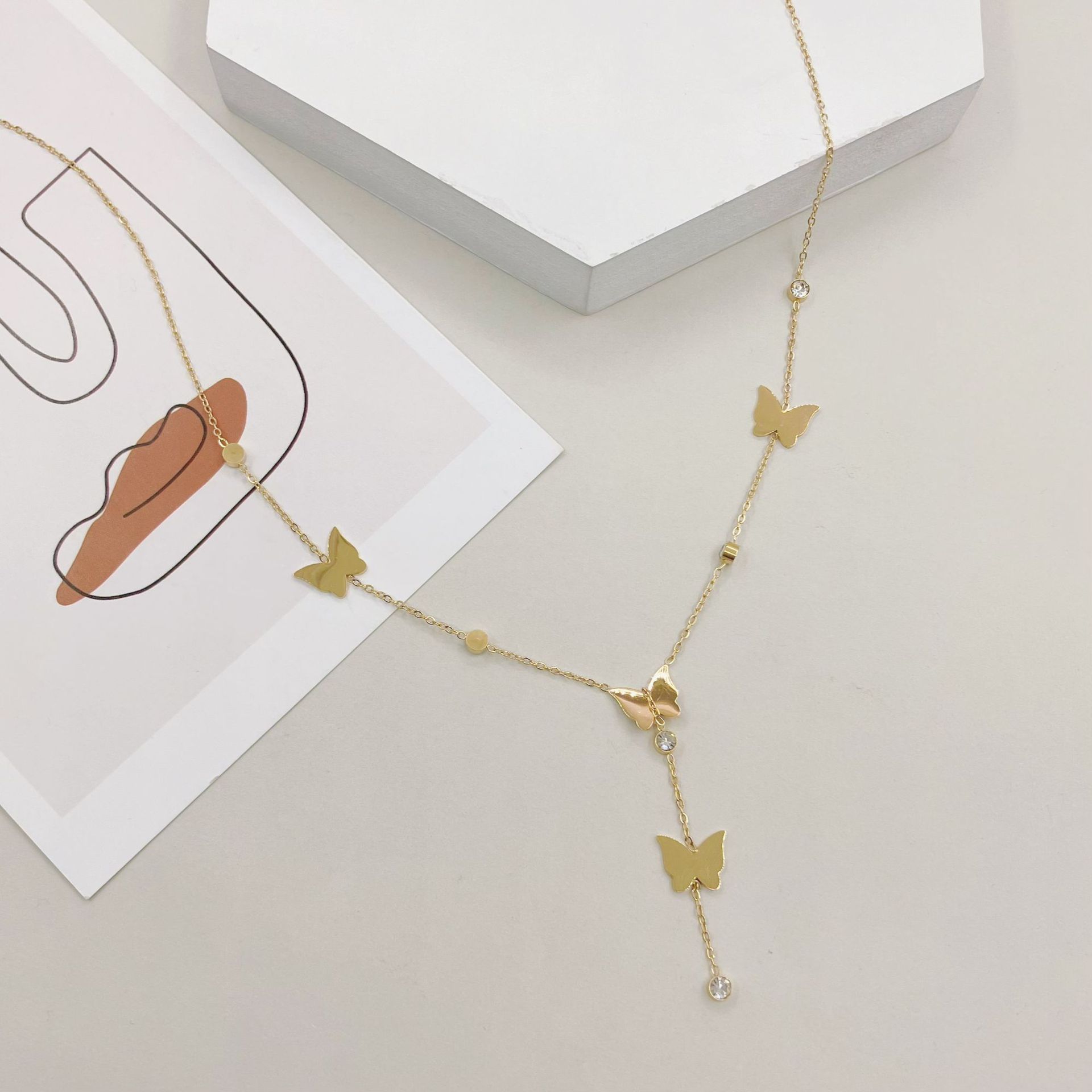 Simple Style Butterfly Stainless Steel Titanium Steel Plating Zircon Pendant Necklace 1 Piece