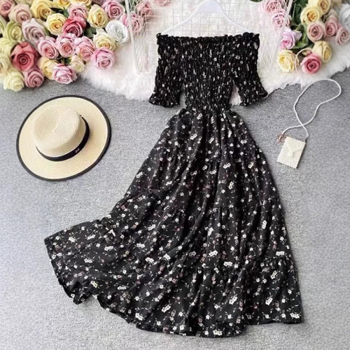 2025 Spring and Summer One-Shoulder Length Skirt High-Waist Slimming Knee-Length Full-Skirt Retro Floral Dress Cross-Border Direct Sales