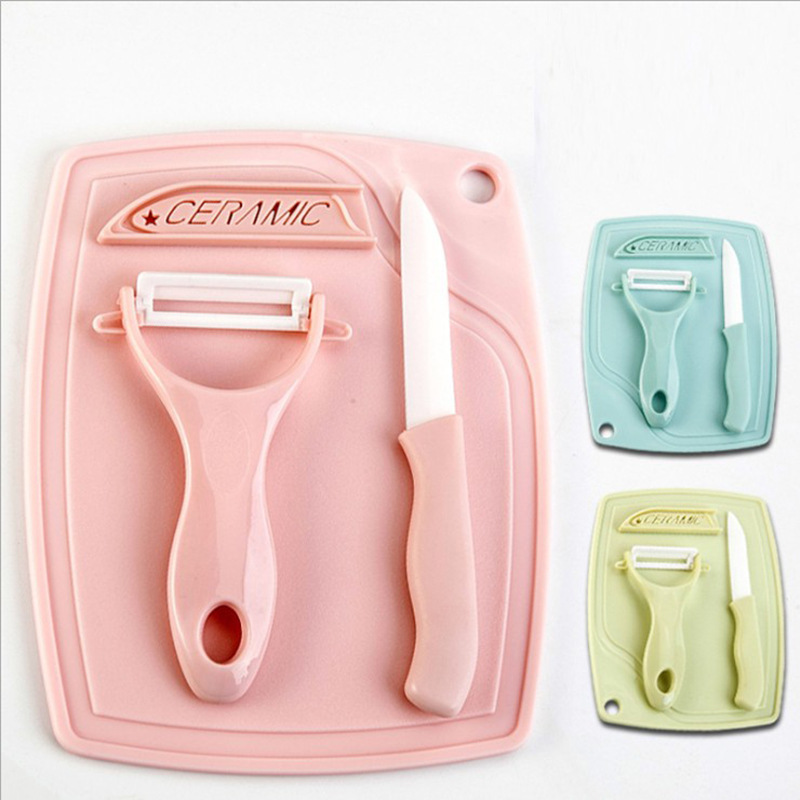 Kitchen three-piece ceramic fruit knife suit mini plastic cutting board peeler household small knife knife knife