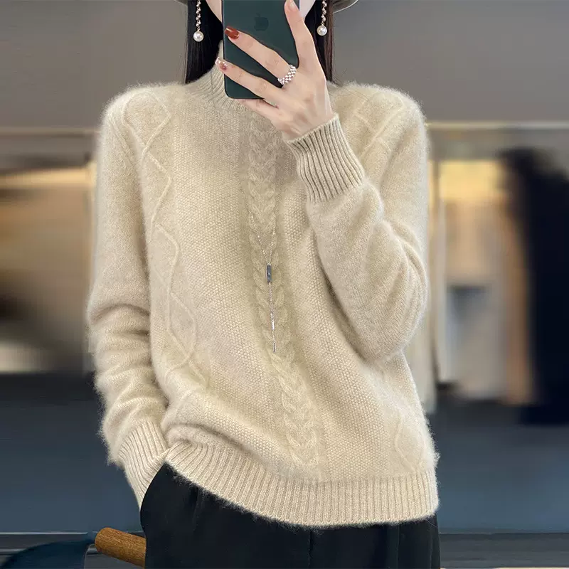 秋冬新款半高领加厚时尚针织套头毛衣女内搭绞花宽松百搭打底毛衫