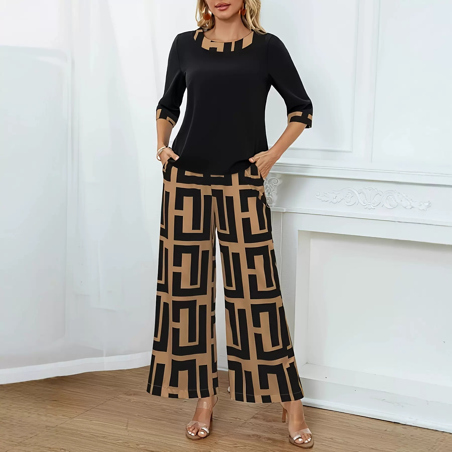 亚马逊欧美跨境迷宫几何图案撞色时尚舒适上衣阔腿裤套装长裤女