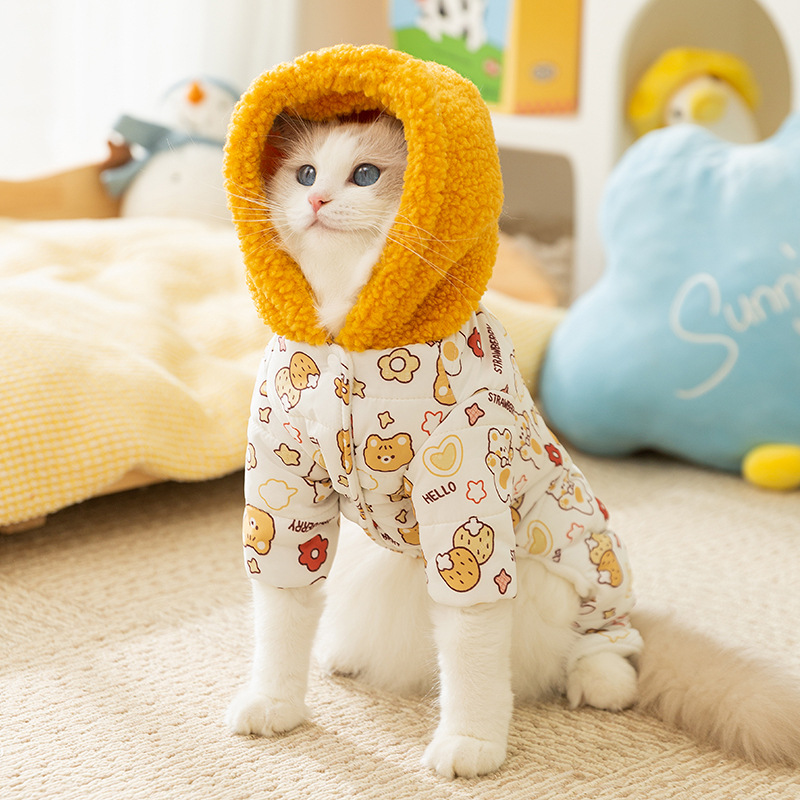 Otoño y invierno, gatos con impresión de algodón de tracción, ropa de algodón de cuatro patas, gatos sin pelo, ropa de peluche más cálida que osos, mascotas